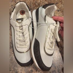 Michael Kors White and Brown Sneakers with Gold Accents